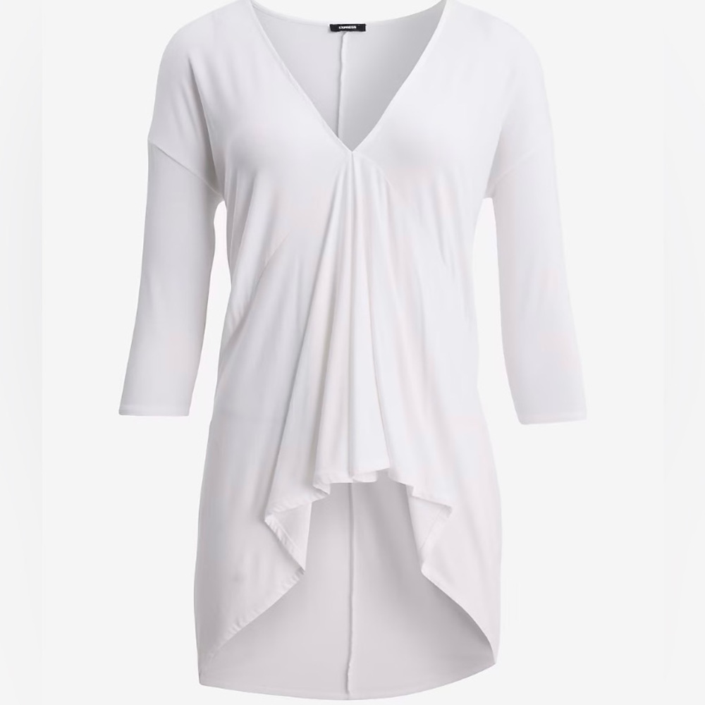 V-Neck Elbow Sleeve Draped Front Hi Lo Tee